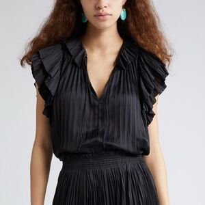 Ulla Johnson Pleated Ruffle Blouse Black Size 4 Designer Tiered Sleeve Front Tie